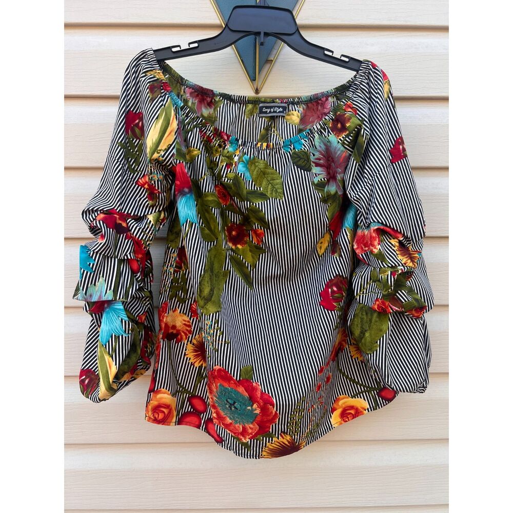 Song of Style Revolve Women S Black White Stripe Floral Off Shoulder Top Blouse